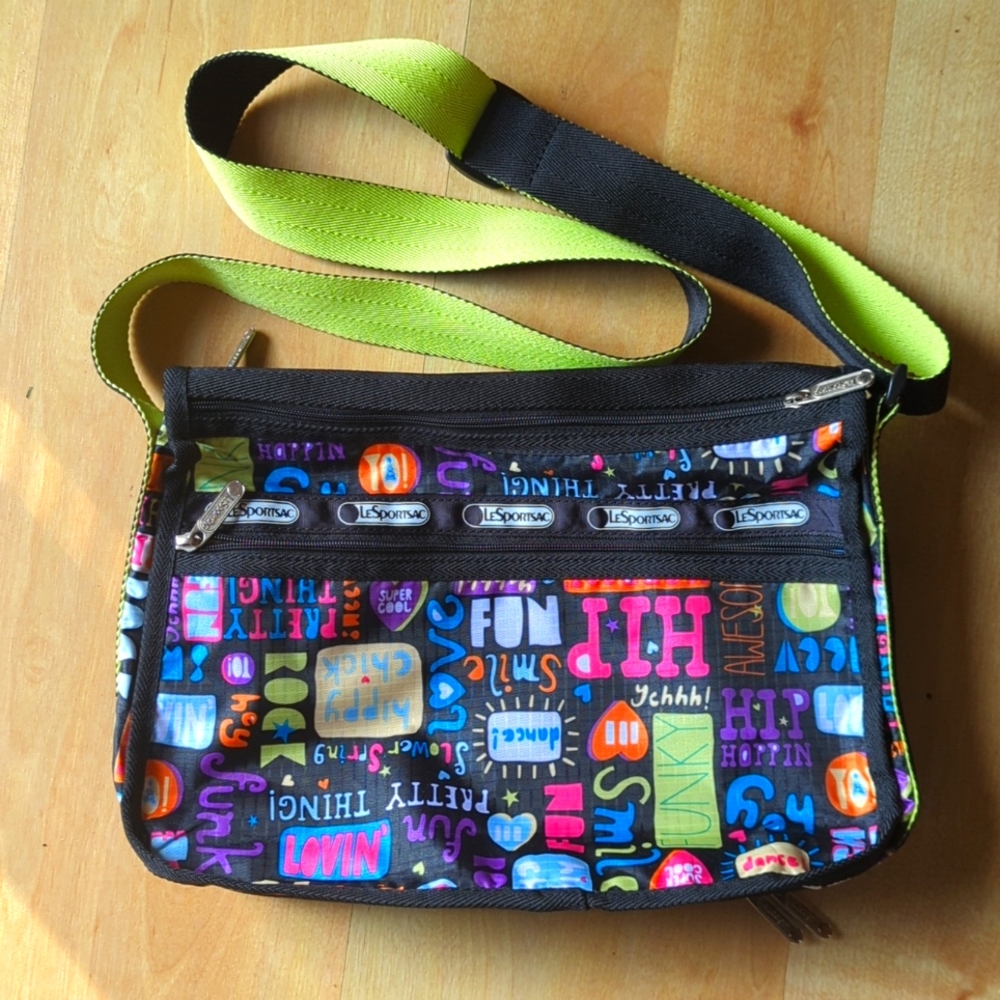 LeSportsac Crossbody expandable bag neon fun words